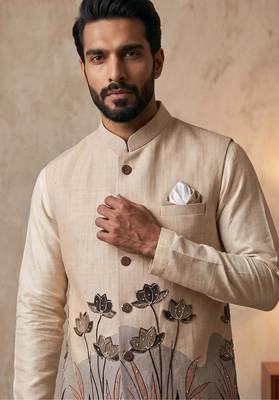 Cream designer linen modi jacket – digital printed with intricate handwork 2