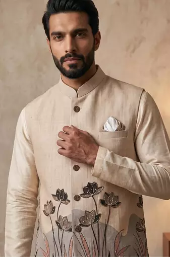 Cream designer linen modi jacket – digital printed with intricate handwork