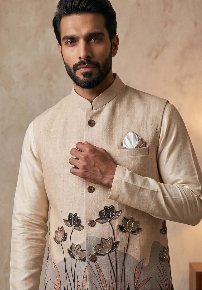 Cream designer linen modi jacket – digital printed with intricate handwork