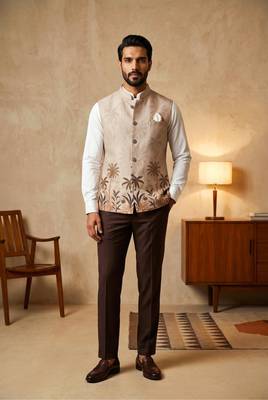 Cream designer linen modi jacket – digital printed with intricate handwork 1
