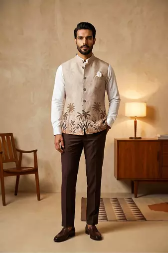 Cream designer linen modi jacket – digital printed with intricate handwork