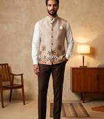 Cream designer linen modi jacket – digital printed with intricate handwork