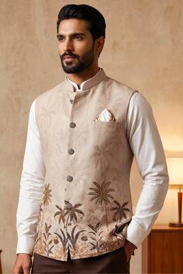 Cream designer linen modi jacket – digital printed with intricate handwork 2