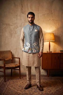 Grey designer linen modi jacket – digital printed with intricate handwork 1