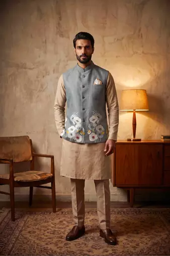 Grey designer linen modi jacket – digital printed with intricate handwork