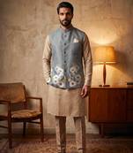Grey designer linen modi jacket – digital printed with intricate handwork