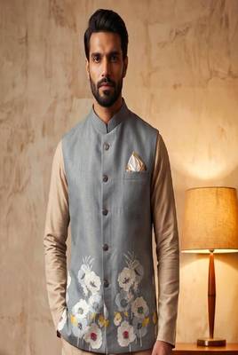 Grey designer linen modi jacket – digital printed with intricate handwork 2