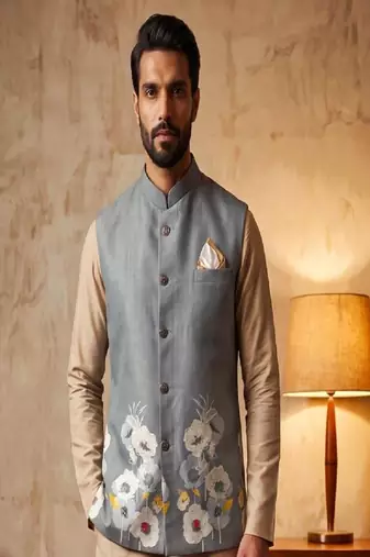 Grey designer linen modi jacket – digital printed with intricate handwork