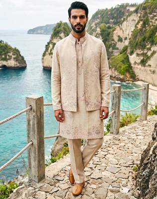 Luxury cream embroidered linen koti, kurta & pant set – premium 3-piece designer party wear ensemble 1