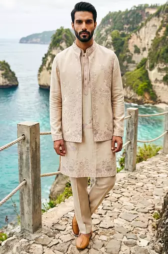 Luxury cream embroidered linen koti, kurta & pant set – premium 3-piece designer party wear ensemble