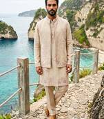 Luxury cream embroidered linen koti, kurta & pant set – premium 3-piece designer party wear ensemble