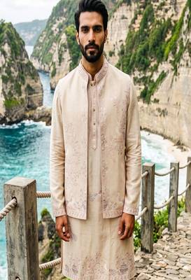 Luxury cream embroidered linen koti, kurta & pant set – premium 3-piece designer party wear ensemble 2