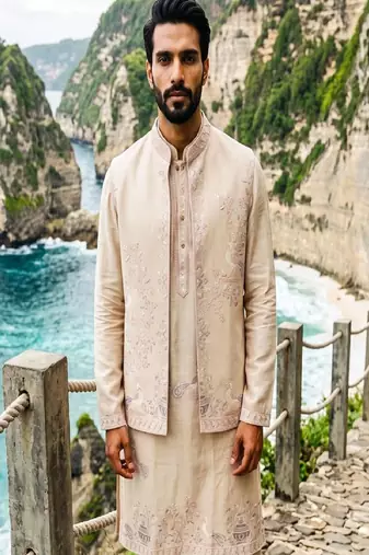 Luxury cream embroidered linen koti, kurta & pant set – premium 3-piece designer party wear ensemble