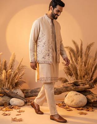Luxury cream embroidered linen koti, kurta & pant set – premium 3-piece designer party wear ensemble 1