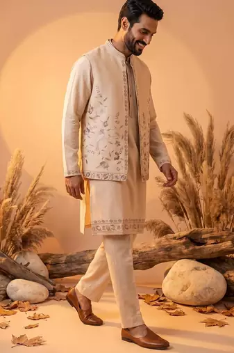 Luxury cream embroidered linen koti, kurta & pant set – premium 3-piece designer party wear ensemble