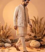 Luxury cream embroidered linen koti, kurta & pant set – premium 3-piece designer party wear ensemble