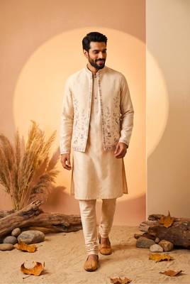 Luxury cream embroidered linen koti, kurta & pant set – premium 3-piece designer party wear ensemble 2
