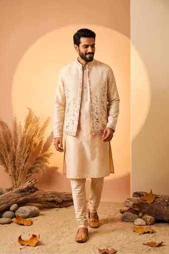 Luxury cream embroidered linen koti, kurta & pant set – premium 3-piece designer party wear ensemble