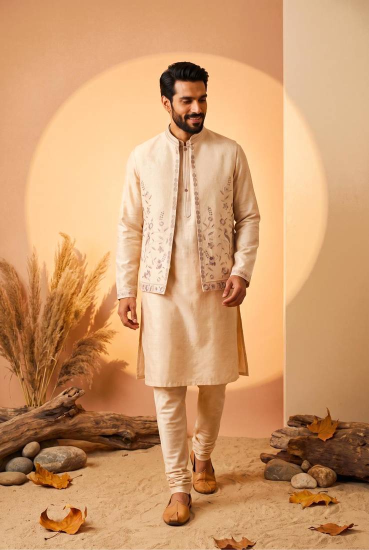 Luxury cream embroidered linen koti, kurta & pant set – premium 3-piece designer party wear ensemble