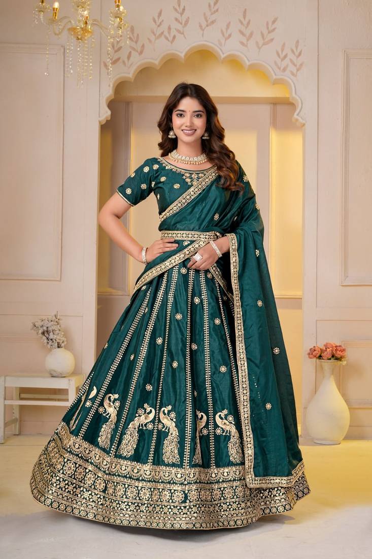 GREEN  CHINON SILK PARTY WEAR EMBROIDERY LEHENGA CHOLI 