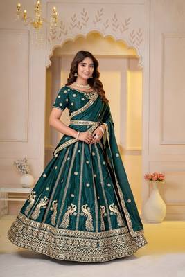 GREEN  CHINON SILK PARTY WEAR EMBROIDERY LEHENGA CHOLI  2