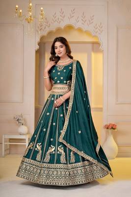 GREEN  CHINON SILK PARTY WEAR EMBROIDERY LEHENGA CHOLI  3