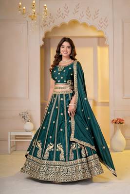 GREEN  CHINON SILK PARTY WEAR EMBROIDERY LEHENGA CHOLI  4