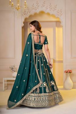 GREEN  CHINON SILK PARTY WEAR EMBROIDERY LEHENGA CHOLI  5