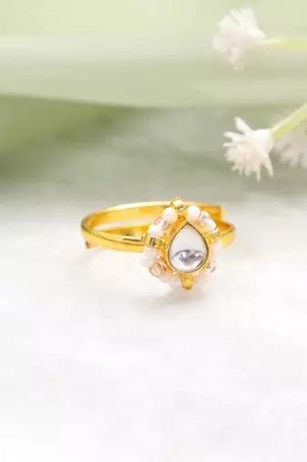 Gold plated kundan white beaded flower ring