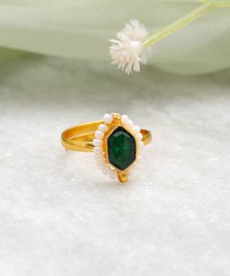 Gold plated emerald green kundan flower ring 2
