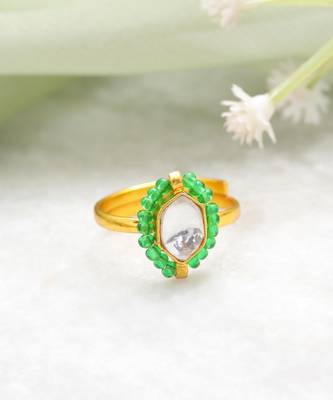 Gold plated pearl emerald green frame ring 2