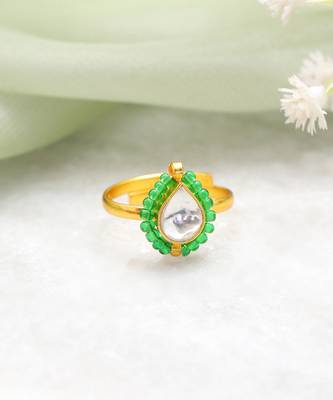 Gold plated kundan emerald green flower ring 2