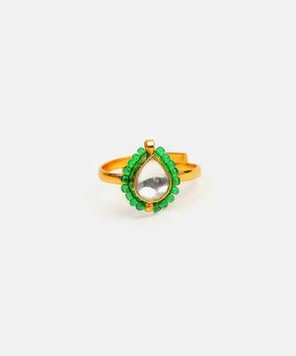 Gold plated kundan emerald green flower ring 3