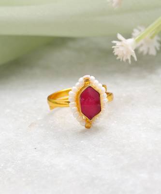 Gold plated ruby red pearl halo ring 2