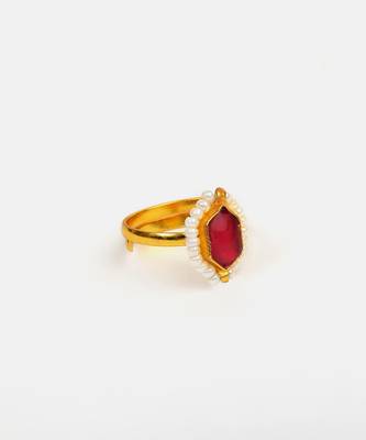Gold plated ruby red pearl halo ring 4
