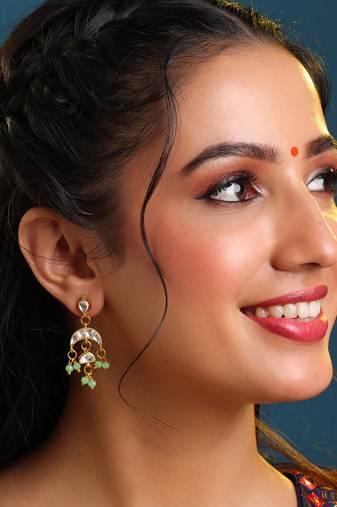 Gold plated pearl kundan mint green earrings