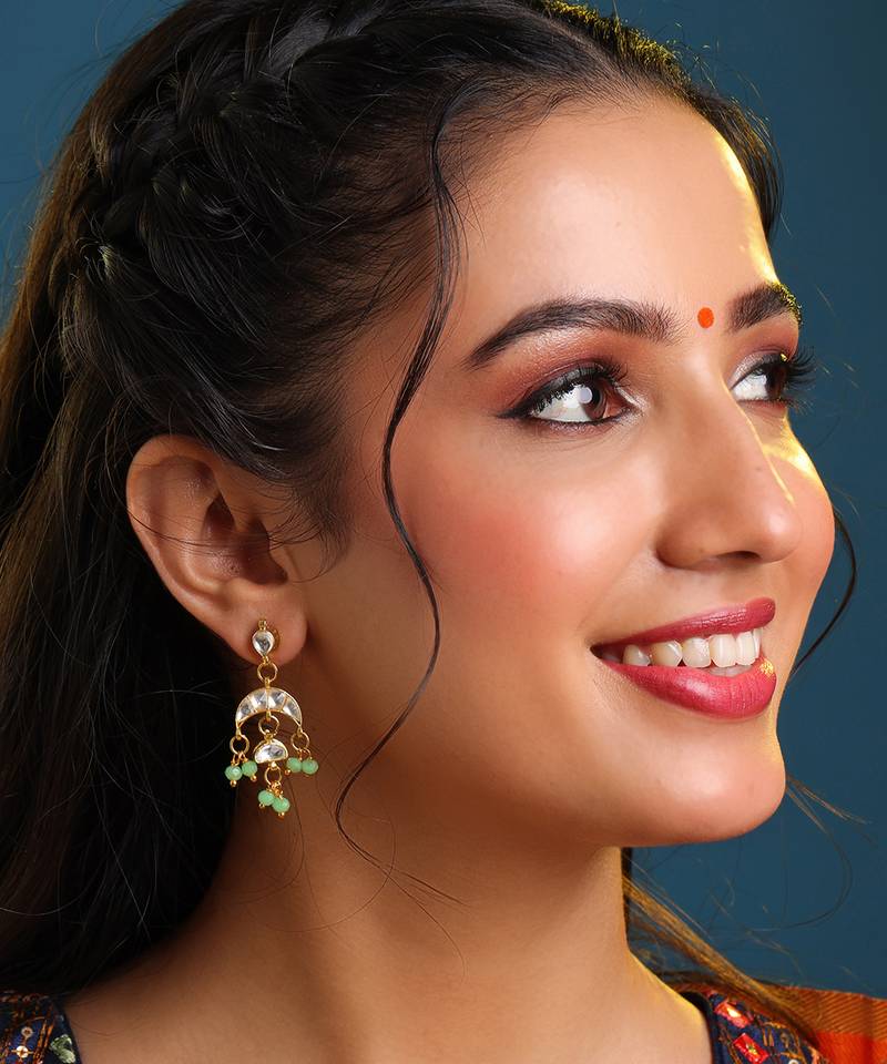 Gold plated pearl kundan mint green earrings