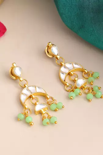 Gold plated pearl kundan mint green earrings