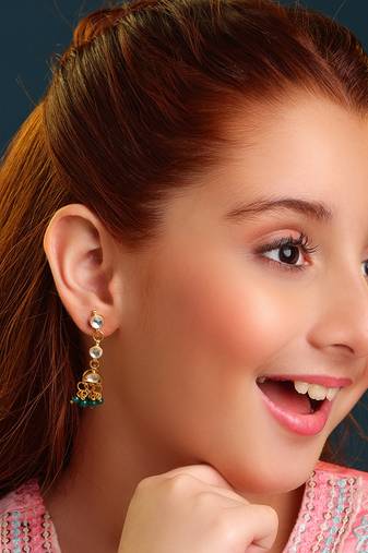 Gold plated kundan emerald green drop earrings