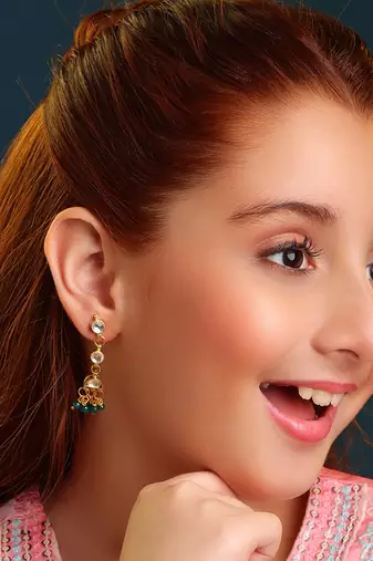 Gold plated kundan emerald green drop earrings