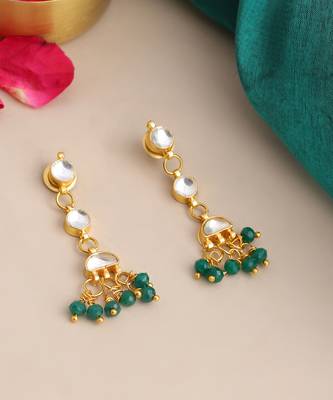 Gold plated kundan emerald green drop earrings 3