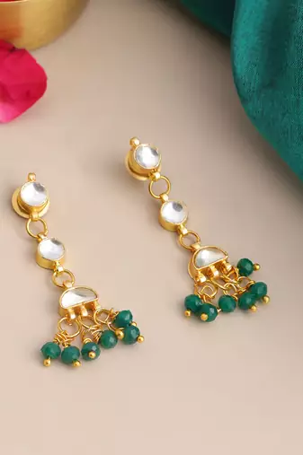 Gold plated kundan emerald green drop earrings