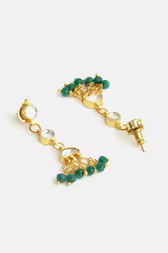 Gold plated kundan emerald green drop earrings