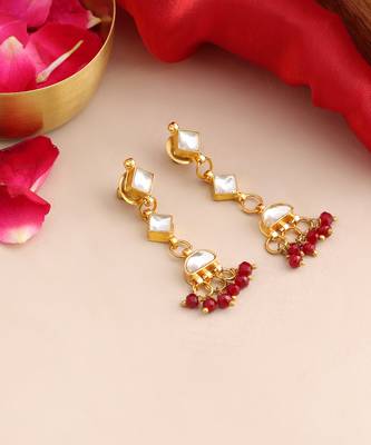 Gold plated kundan maroon drop earrings 2