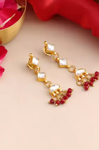 Gold plated kundan maroon drop earrings