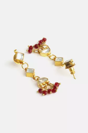 Gold plated kundan maroon drop earrings