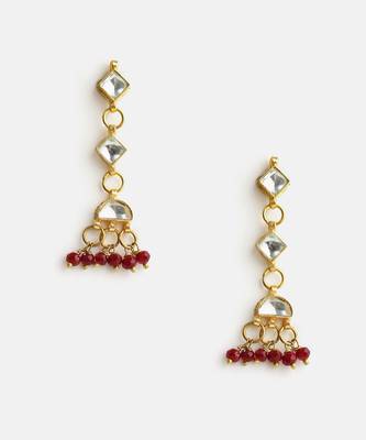 Gold plated kundan maroon drop earrings 4