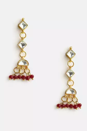 Gold plated kundan maroon drop earrings