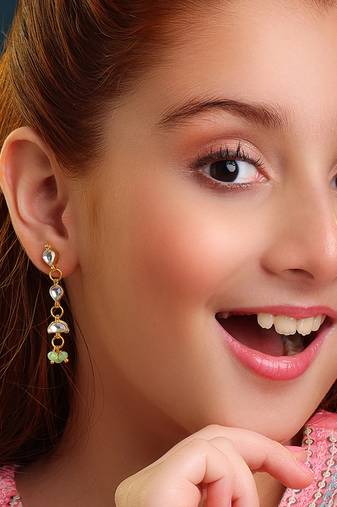 Gold plated kundan mint green beaded drop earrings
