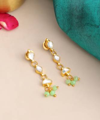 Gold plated kundan mint green beaded drop earrings 2